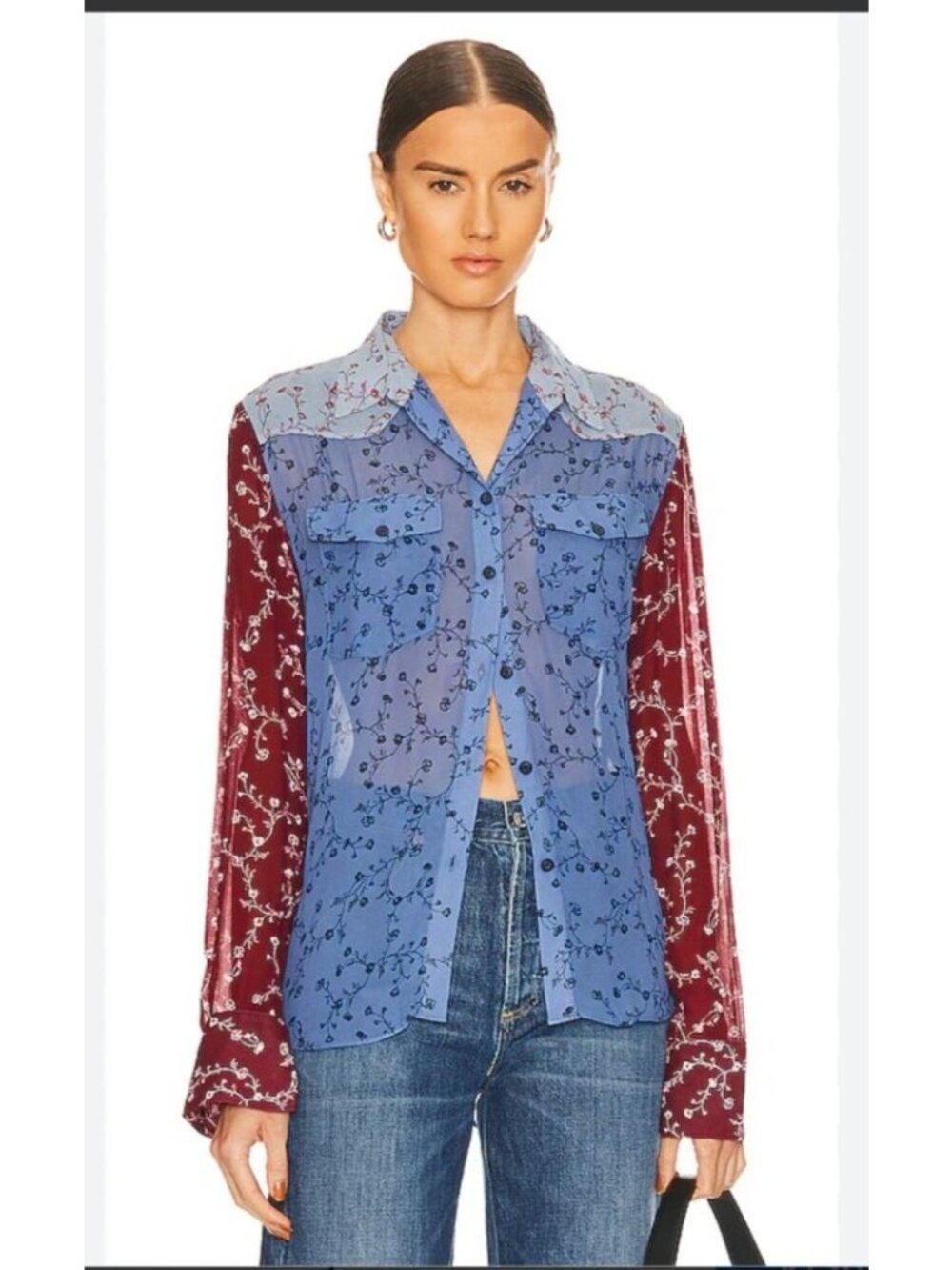 Rag & Bone Wyatt Patchwork Shirt Sz M Dark Blue Floral Medium Western Yoke NWT‎